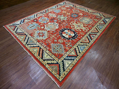 Ersari Kazak hand-knotted wool rug in Red & Midnight Blue, 8'1" x 9'9" — SKU O022435 (view 3)