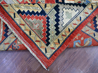Ersari Kazak hand-knotted wool rug in Red & Midnight Blue, 8'1" x 9'9" — SKU O022435 (view 6)