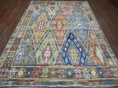 Grey 7'9" x 9'11" Tribal & Geometric Hand knotted Wool Rug - Sku: O022439