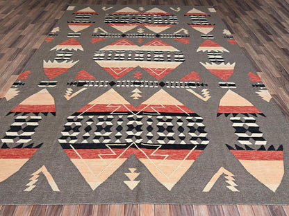 Green 8'11" x 12'1" Flat Weave Hand woven Wool Rug - Sku: O02244