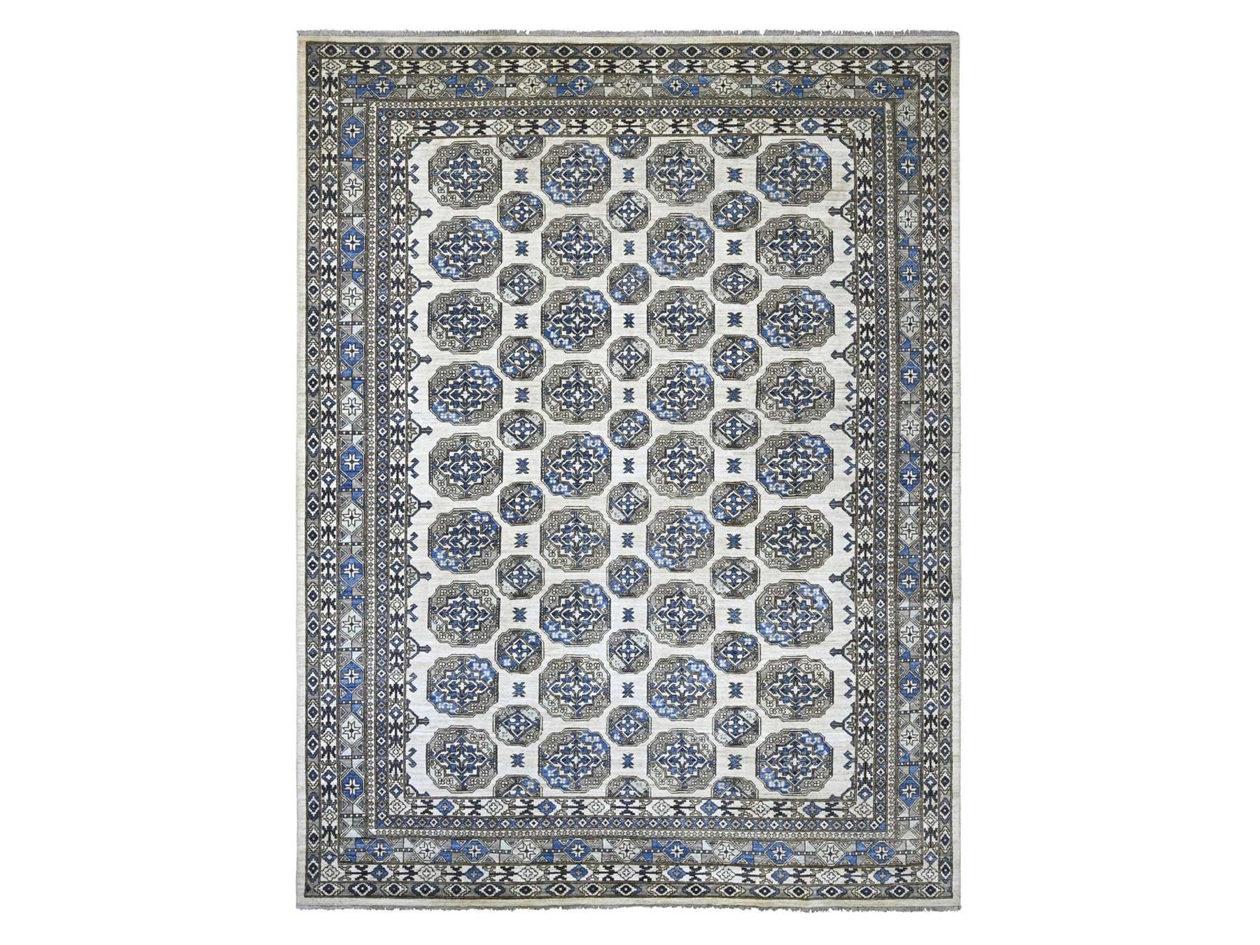 Ersari Tribal & Geometric hand-knotted wool rug in Ivory & Gray, 9'2" x 11'9" — SKU O022452