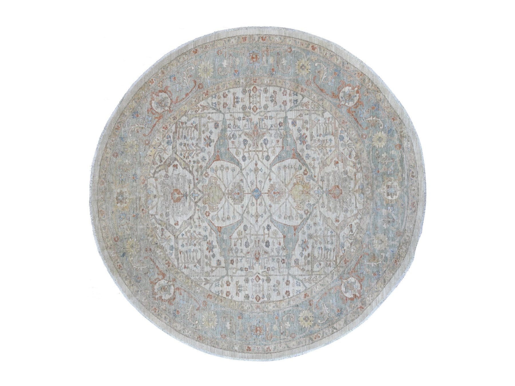Peshawar Oushak hand-knotted wool rug in Ivory & Light Blue, 9'11" x 10'1" — SKU O022460