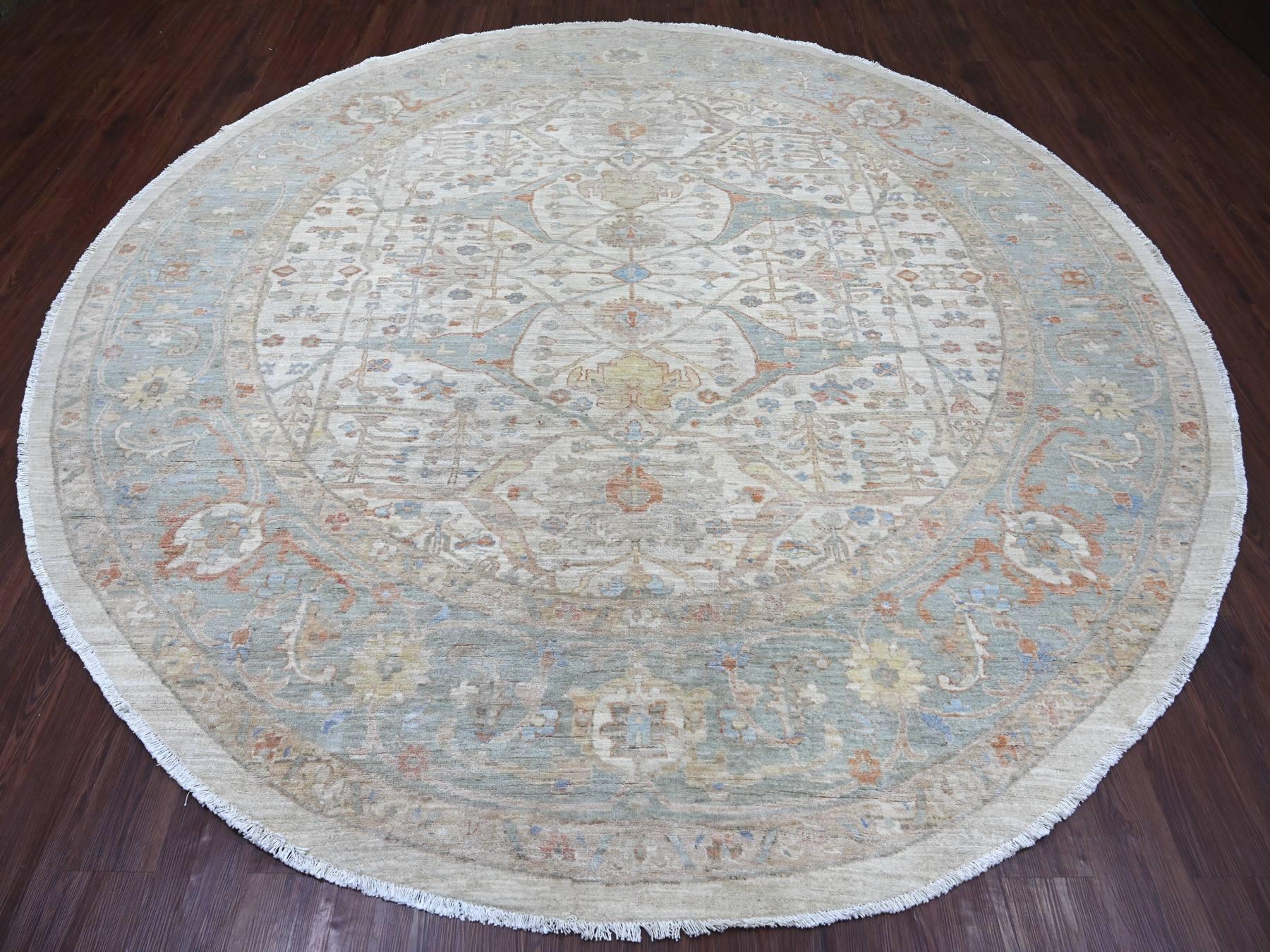 Peshawar Oushak hand-knotted wool rug in Ivory & Light Blue, 9'11" x 10'1" — SKU O022460 (view 2)