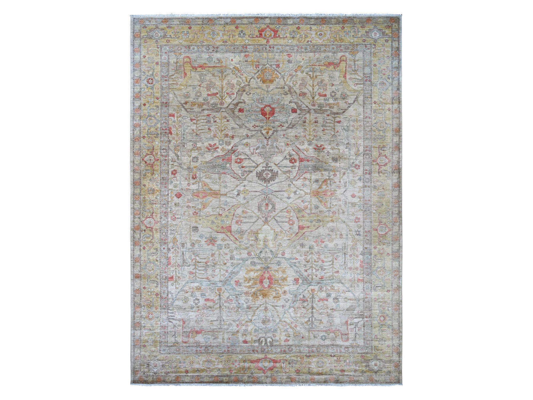 Peshawar Tribal & Geometric hand-knotted wool rug in Gray & Gold, 9'10" x 13'5" — SKU O022472