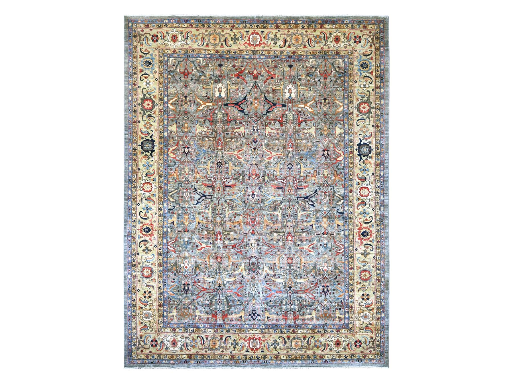 Peshawar Tribal & Geometric hand-knotted wool rug in Gray & Ivory, 11'7" x 15'5" — SKU O022473