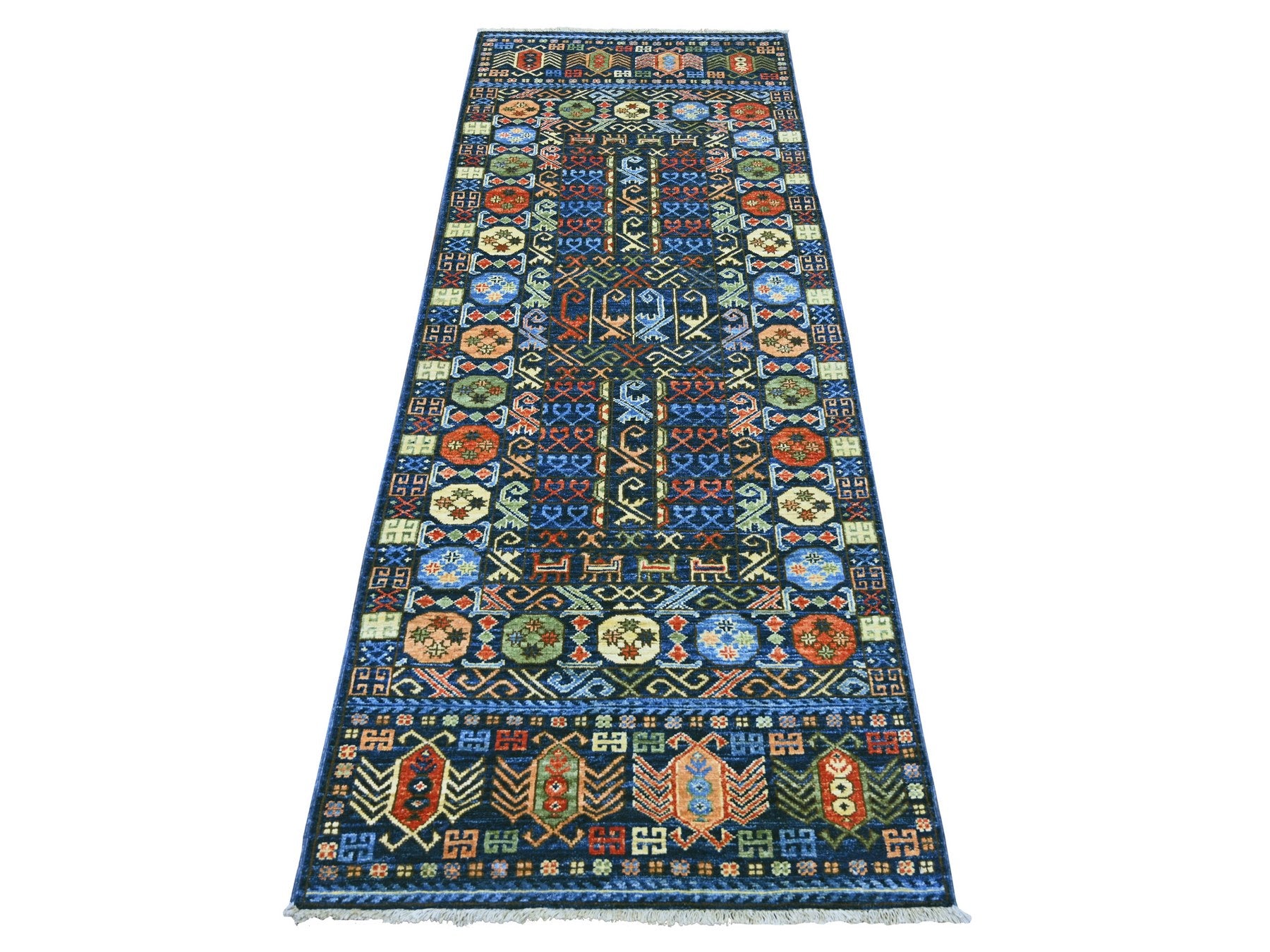 Blue 2'11" x 7'9" Tribal & Geometric Hand knotted Wool Rug - Sku: O022483