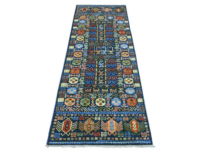 Blue 2'11" x 7'9" Tribal & Geometric Hand knotted Wool Rug - Sku: O022483