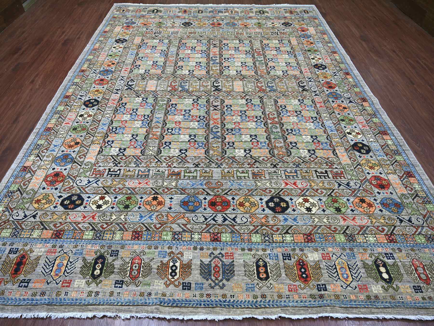 Grey 9'1" x 12'0" Tribal & Geometric Hand knotted Wool Rug - Sku: O022484