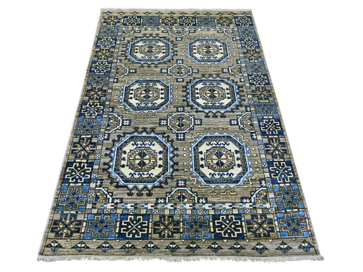 Ersari Tribal & Geometric hand-knotted wool rug in Gray & Blue, 4' x 5'11" — SKU O022485