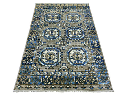 Ersari Tribal & Geometric hand-knotted wool rug in Gray & Blue, 4' x 5'11" — SKU O022485