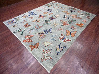 Grey 8'0" x 9'7" Modern and Contemporary Hand knotted Wool Rug - Sku: O022496