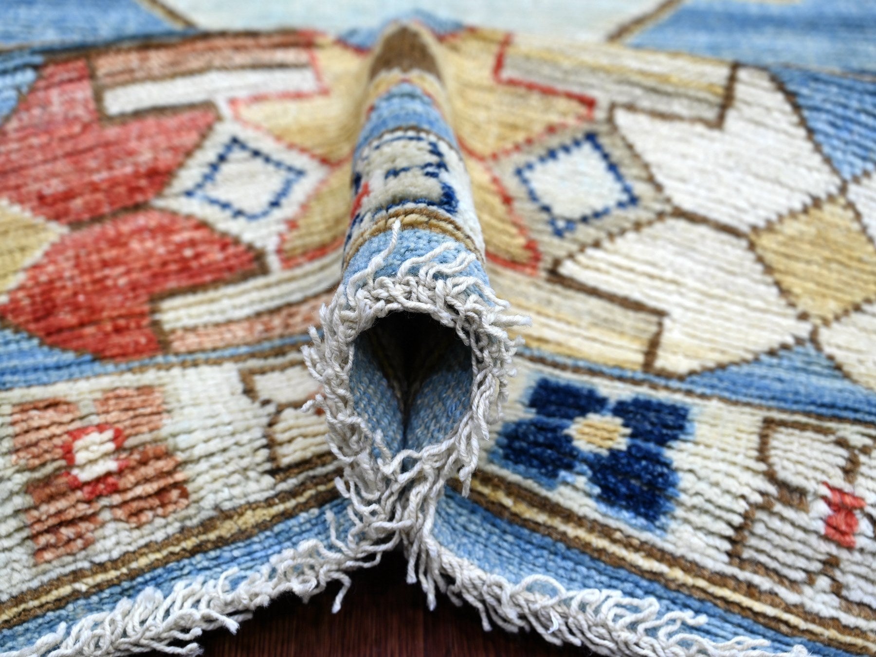 Tribal & Geometric hand-knotted wool rug in Blue & Ivory, 10' x 13'8" — SKU O022497 (view 5)