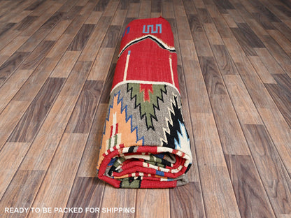 Flat-Weave hand-knotted wool rug in Red, 9' x 12'1" — SKU O02249 (view 6)