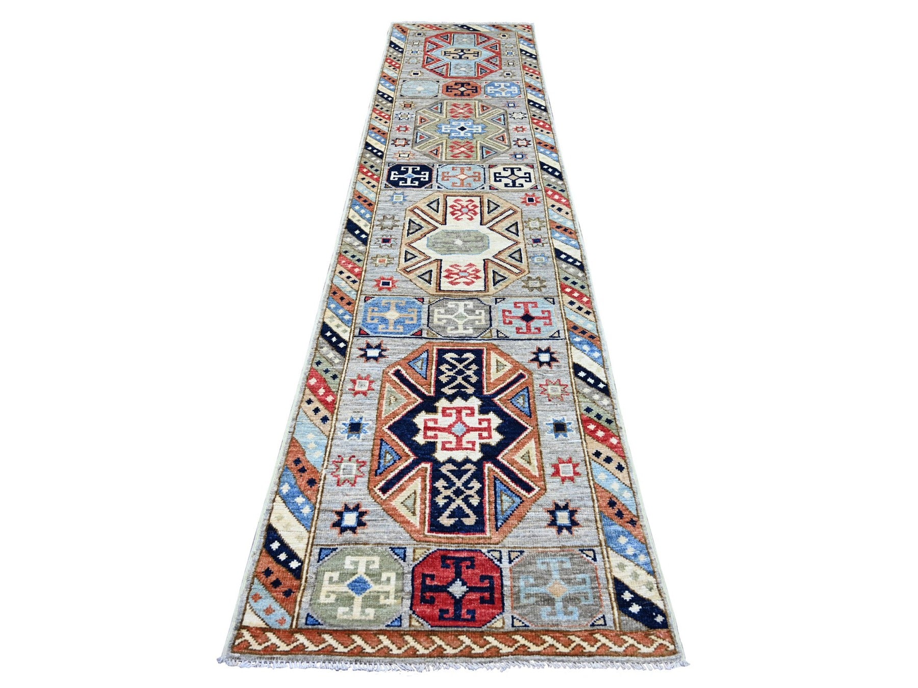Grey 2'11" x 12'7" Tribal & Geometric Hand knotted Wool Rug - Sku: O022511