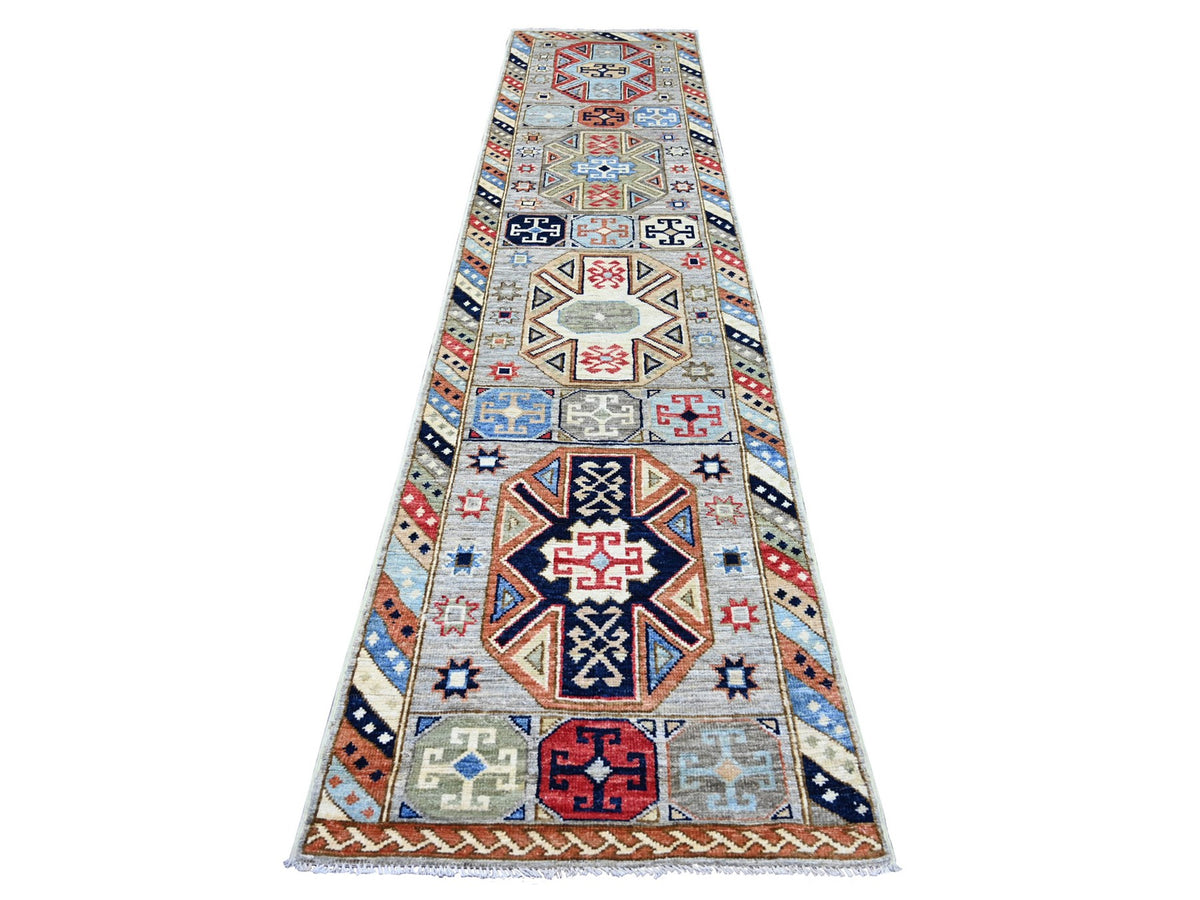 Tribal & Geometric hand-knotted wool runner in Gray & Colorful, 2'11" x 12'7" — SKU O022511