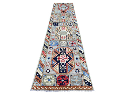 Tribal & Geometric hand-knotted wool runner in Gray & Colorful, 2'11" x 12'7" — SKU O022511