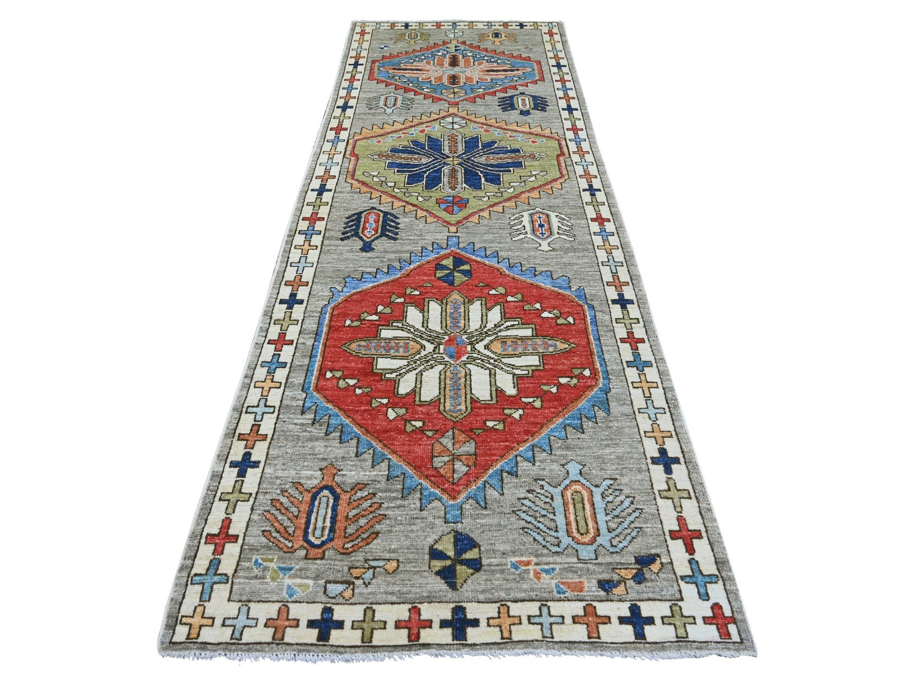 Tribal & Geometric hand-knotted wool runner in Gray & Ivory, 4'1" x 11'10" — SKU O022517