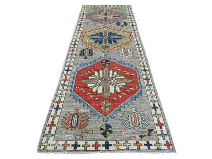 Tribal & Geometric hand-knotted wool runner in Gray & Ivory, 4'1" x 11'10" — SKU O022517