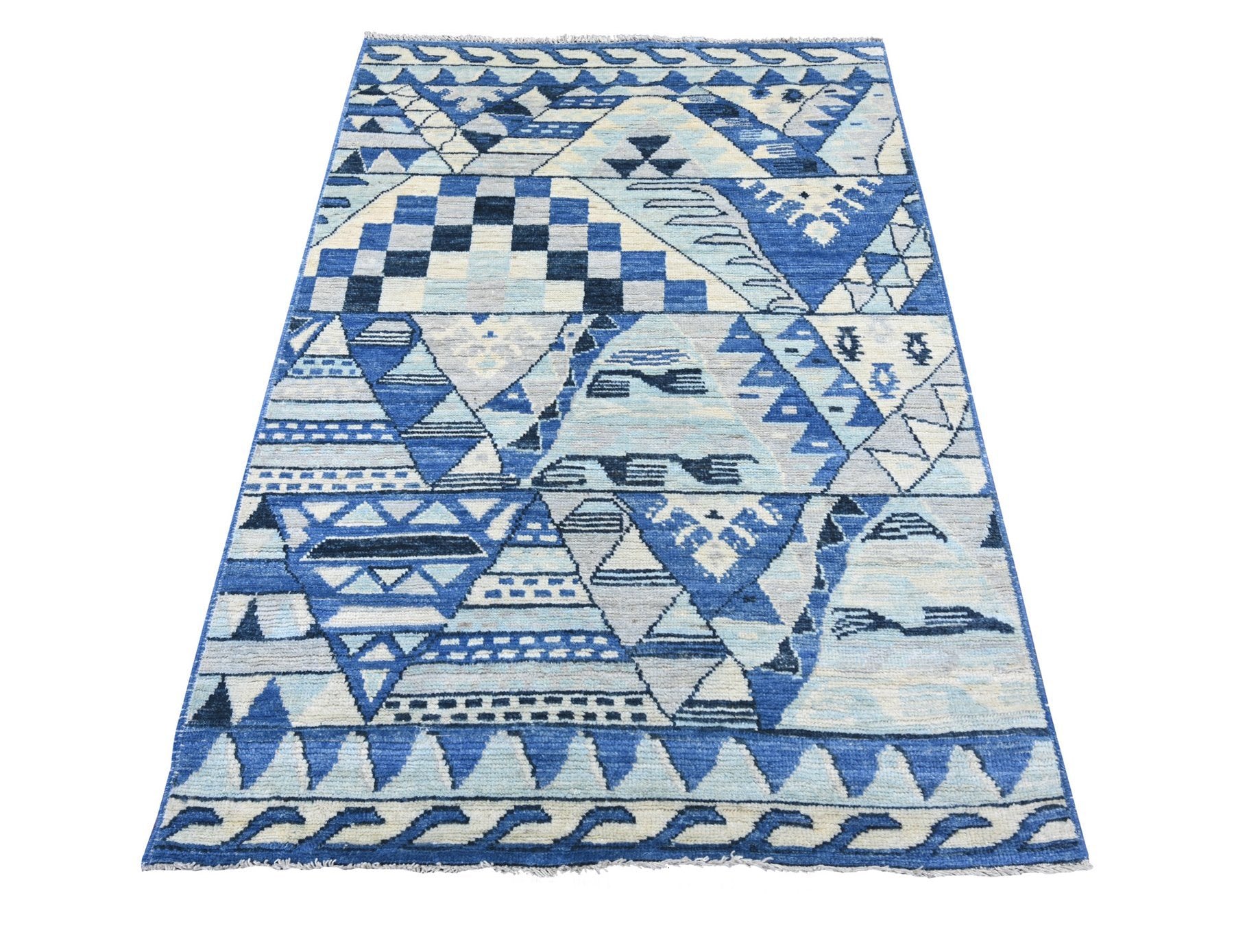 Blue 4'1" x 5'8" Tribal & Geometric Hand knotted Wool Rug - Sku: O022519