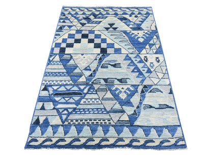 Blue 4'1" x 5'8" Tribal & Geometric Hand knotted Wool Rug - Sku: O022519