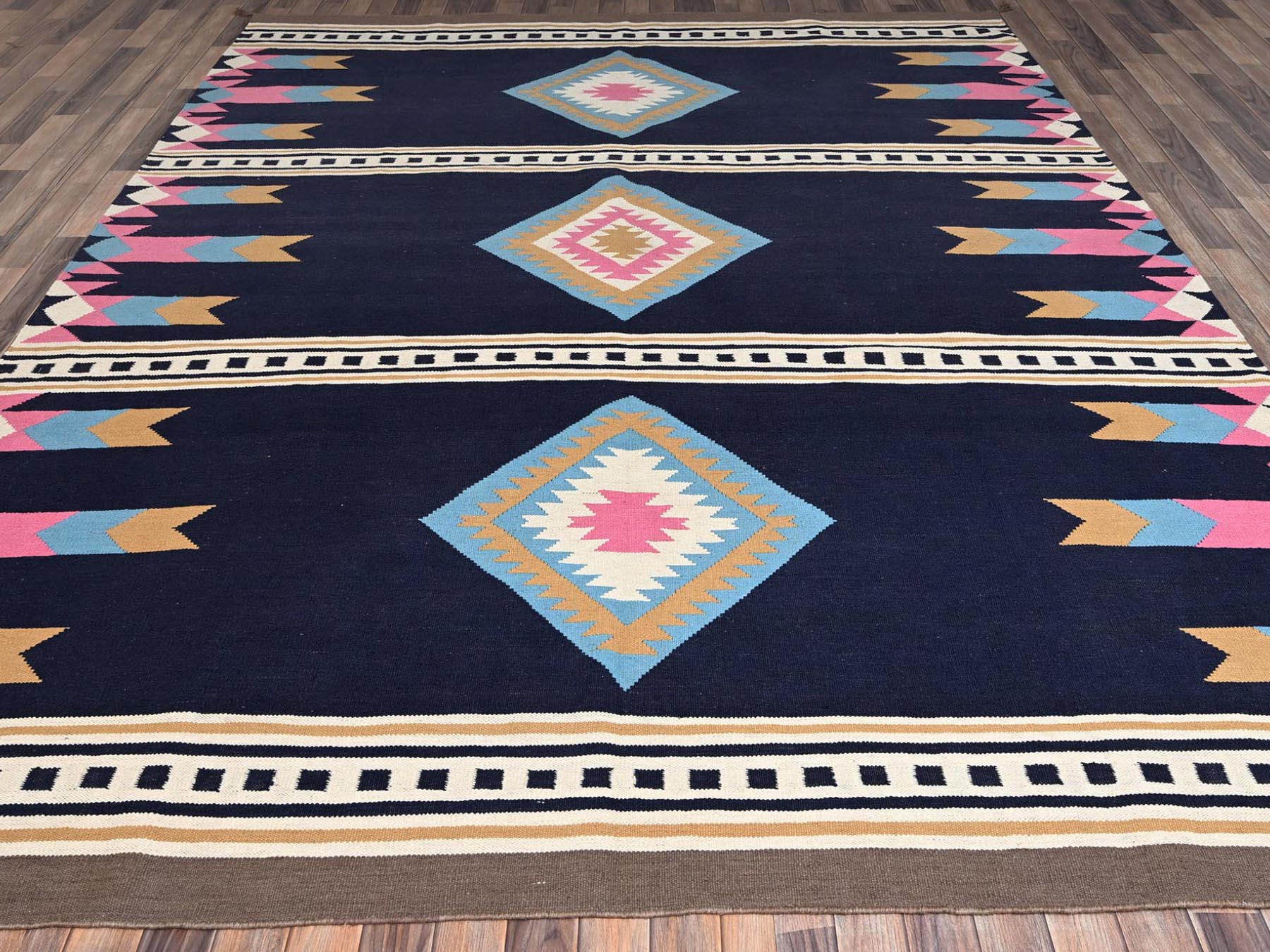 Blue 9'3" x 11'7" Flat Weave Hand woven Wool Rug - Sku: O02251