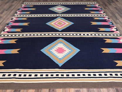 Blue 9'3" x 11'7" Flat Weave Hand woven Wool Rug - Sku: O02251
