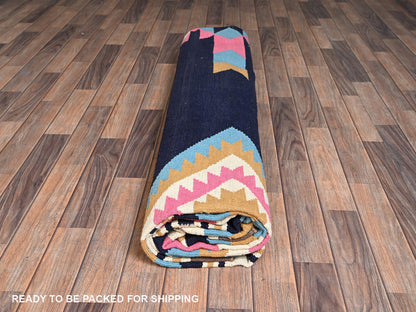 Blue 9'3" x 11'7" Flat Weave Hand woven Wool Rug - Sku: O02251