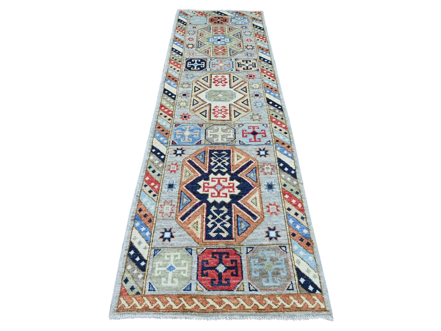 Grey 2'11" x 9'8" Tribal & Geometric Hand knotted Wool Rug - Sku: O022521