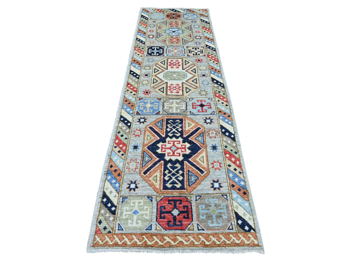 Tribal & Geometric hand-knotted wool runner in Gray & Colorful, 2'11" x 9'8" — SKU O022521