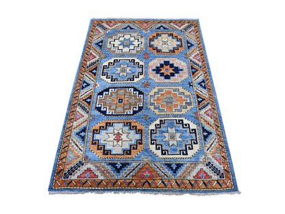 Blue 4'0" x 5'9" Tribal & Geometric Hand knotted Wool Rug - Sku: O022522