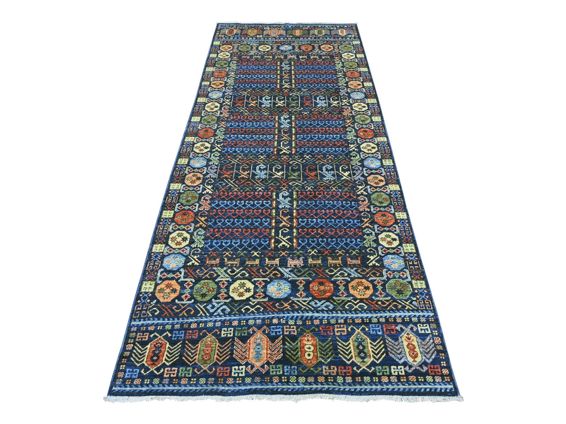 Blue 3'10" x 9'7" Tribal & Geometric Hand knotted Wool Rug - Sku: O022525