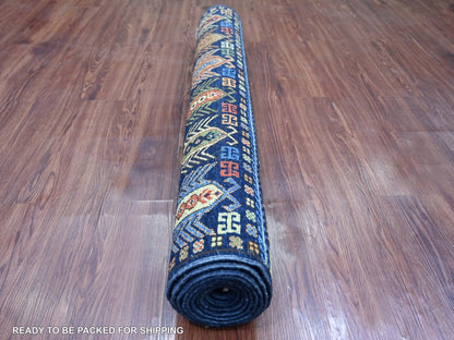 Blue 3'10" x 9'7" Tribal & Geometric Hand knotted Wool Rug - Sku: O022525