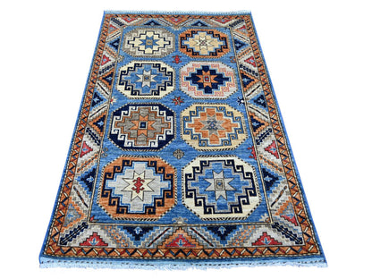 Ersari Tribal & Geometric hand-knotted wool rug in Blue & Colorful, 4' x 6' — SKU O022526