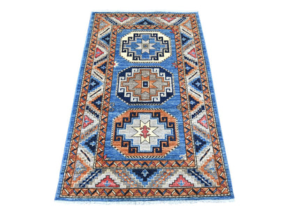 Blue 3'2" x 5'0" Tribal & Geometric Hand knotted Wool Rug - Sku: O022536