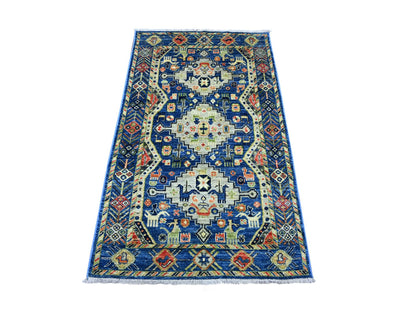 Blue 3'1" x 5'2" Tribal & Geometric Hand knotted Wool Rug - Sku: O022537