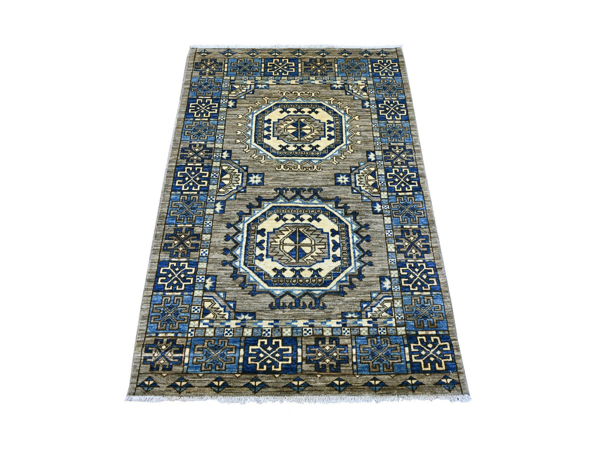 Ersari Tribal & Geometric hand-knotted wool rug in Gray & Blue, 3'3" x 4'10" — SKU O022538