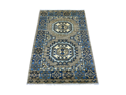 Ersari Tribal & Geometric hand-knotted wool rug in Gray & Blue, 3'3" x 4'10" — SKU O022538