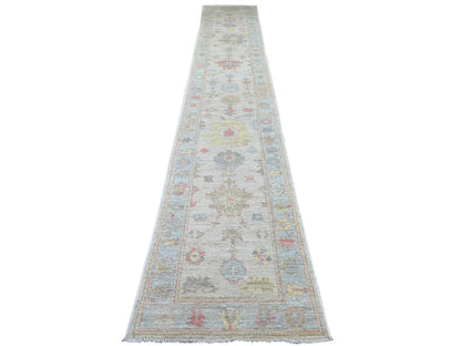 Oushak Oushak hand-knotted wool runner in Ivory & Light Blue, 2'6" x 15'5" — SKU O022545