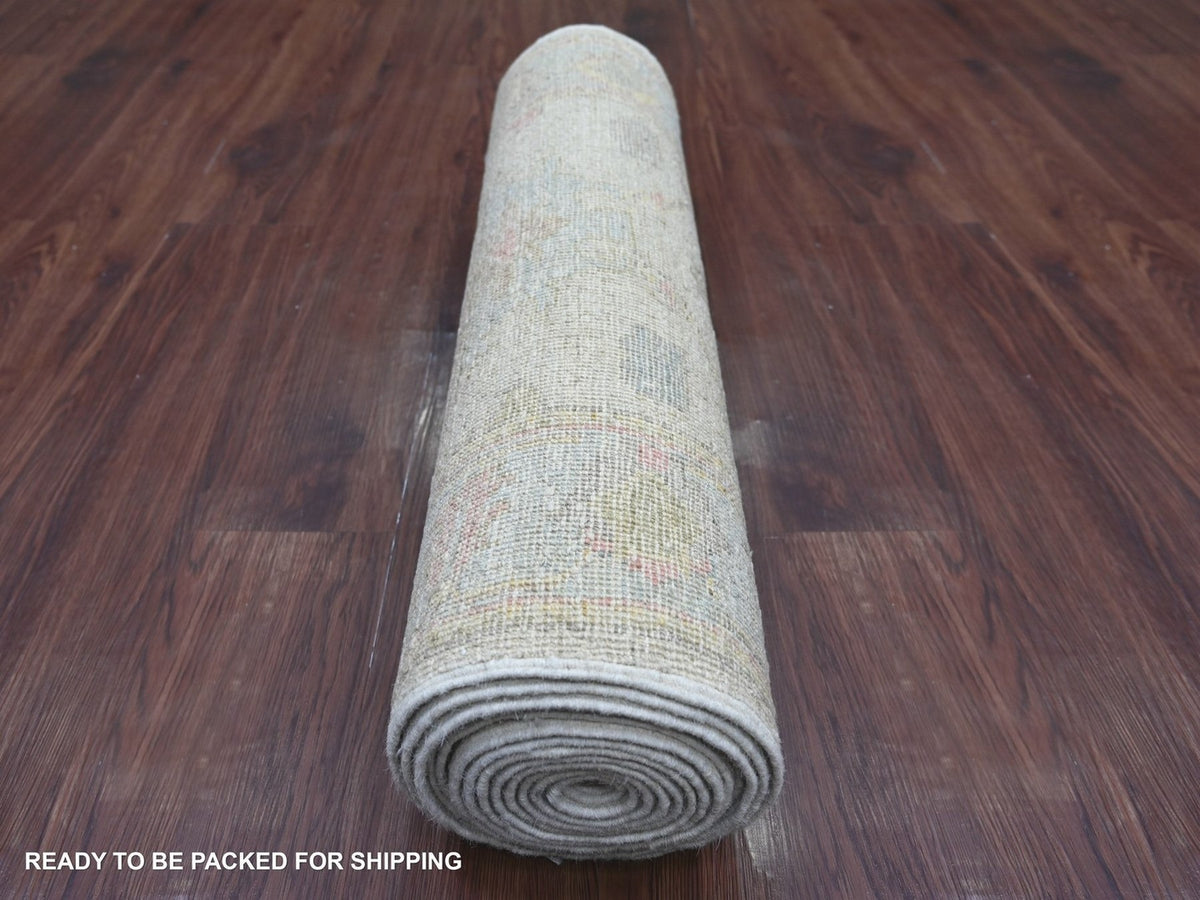 Oushak Oushak hand-knotted wool runner in Ivory & Light Blue, 2'6" x 15'5" — SKU O022545 (view 4)