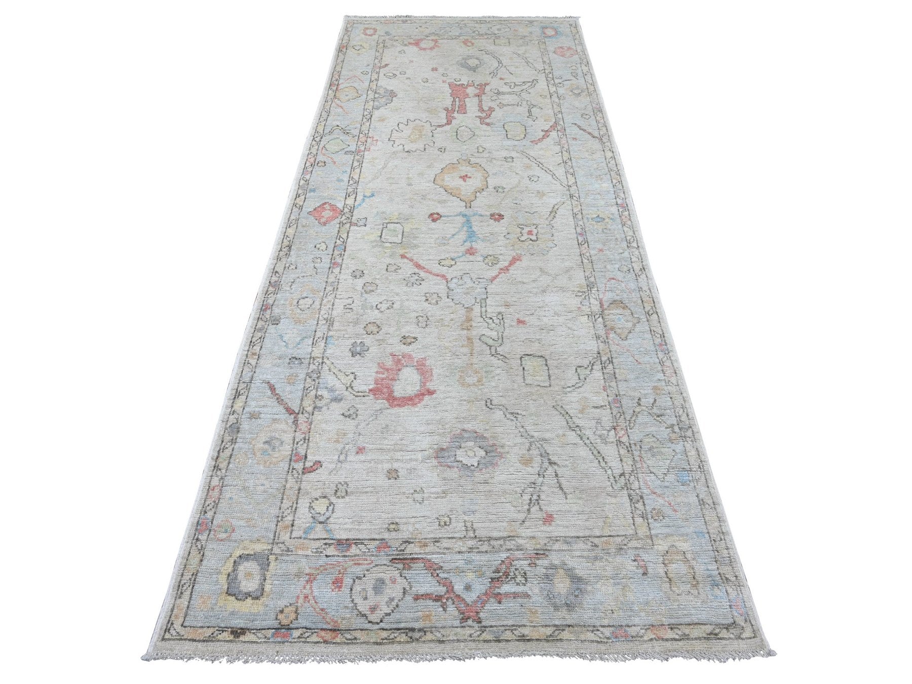 Oushak Oushak hand-knotted wool runner in Gray & Light Blue, 3'11" x 9'7" — SKU O022546