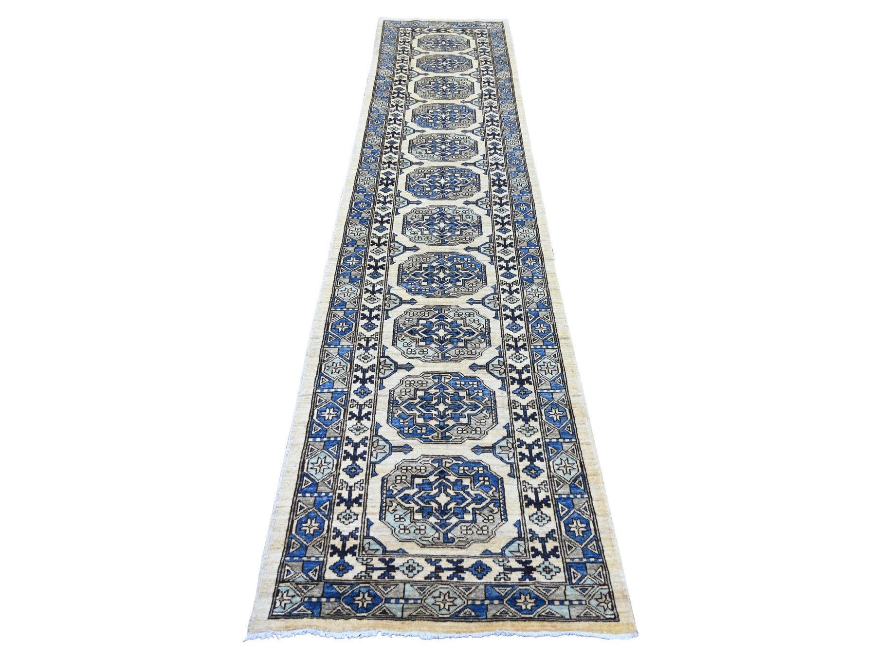 Ersari Tribal & Geometric hand-knotted wool runner in Ivory & Gray, 2'7" x 11'8" — SKU O022550