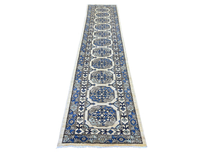 Ersari Tribal & Geometric hand-knotted wool runner in Ivory & Gray, 2'7" x 11'8" — SKU O022550