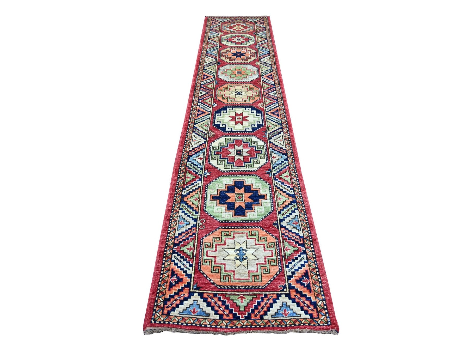 Ersari Tribal & Geometric hand-knotted wool runner in Red & Colorful, 2'7" x 12'6" — SKU O022551