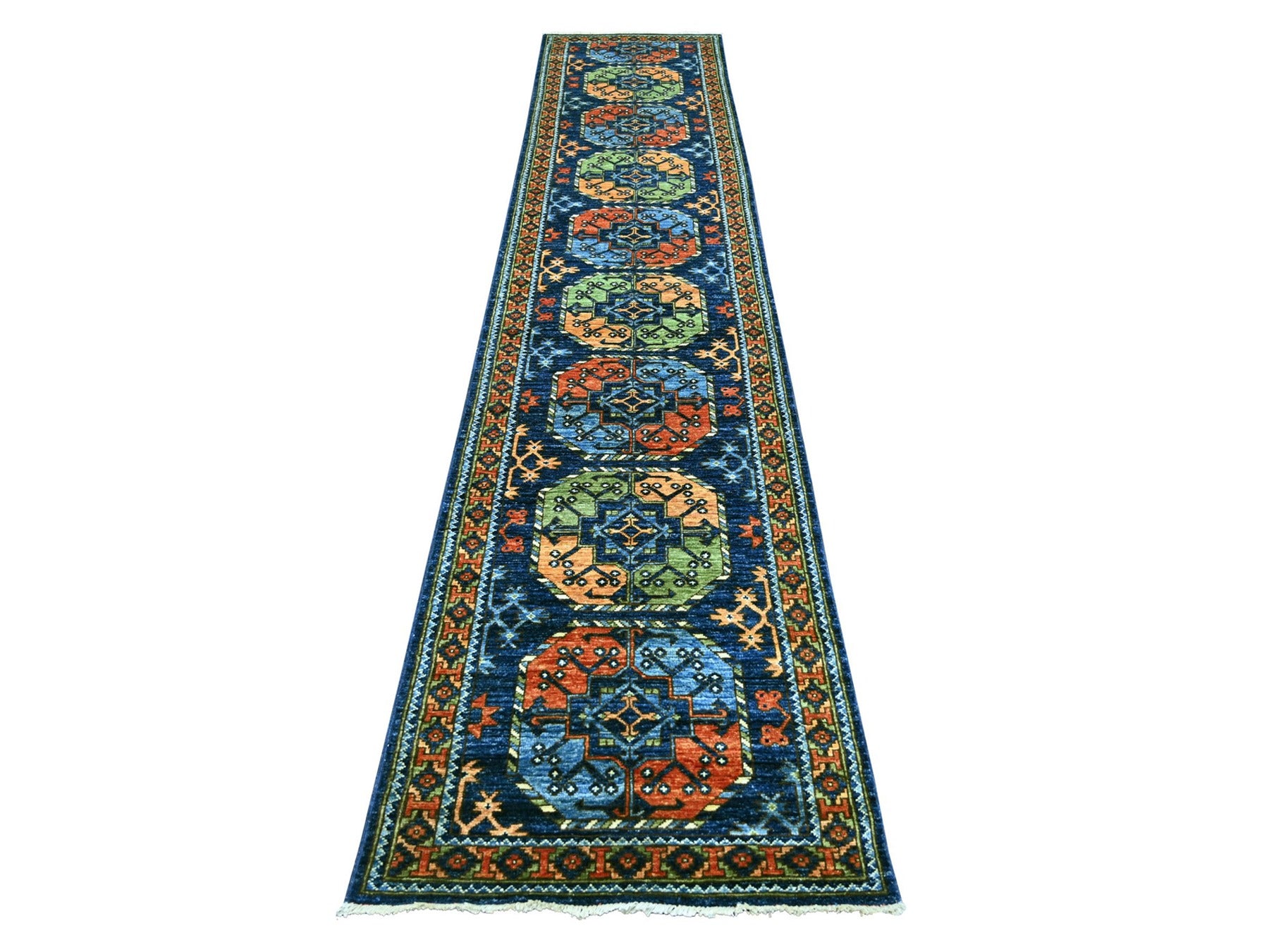 Blue 2'6" x 11'11" Tribal & Geometric Hand knotted Wool Rug - Sku: O022554