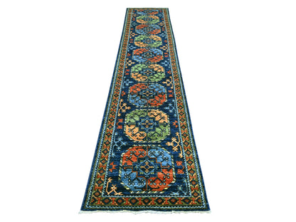 Blue 2'6" x 11'11" Tribal & Geometric Hand knotted Wool Rug - Sku: O022554