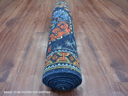 Blue 2'6" x 11'11" Tribal & Geometric Hand knotted Wool Rug - Sku: O022554