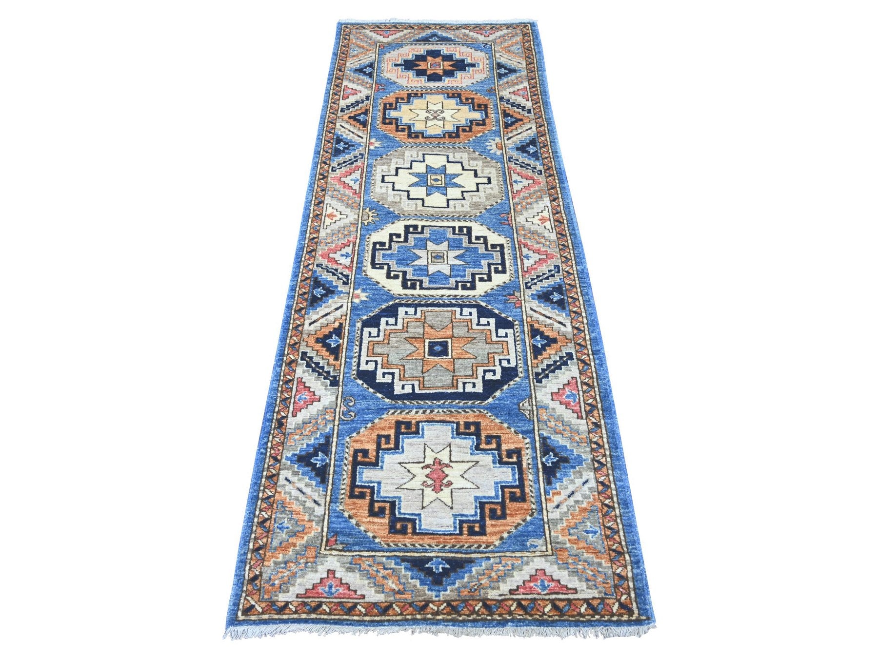 Blue 2'8" x 7'4" Tribal & Geometric Hand knotted Wool Rug - Sku: O022555