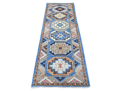 Blue 2'8" x 7'4" Tribal & Geometric Hand knotted Wool Rug - Sku: O022555