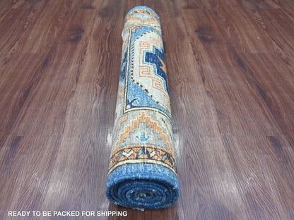 Blue 2'8" x 7'4" Tribal & Geometric Hand knotted Wool Rug - Sku: O022555