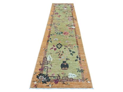 Green 3'1" x 11'7" Oushak And Peshawar Hand knotted Wool Rug - Sku: O022557